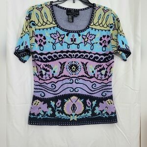 Vtg Carole Little Knitwear Short Sleeve Scoop Neck Floral Paisley Print Top Size